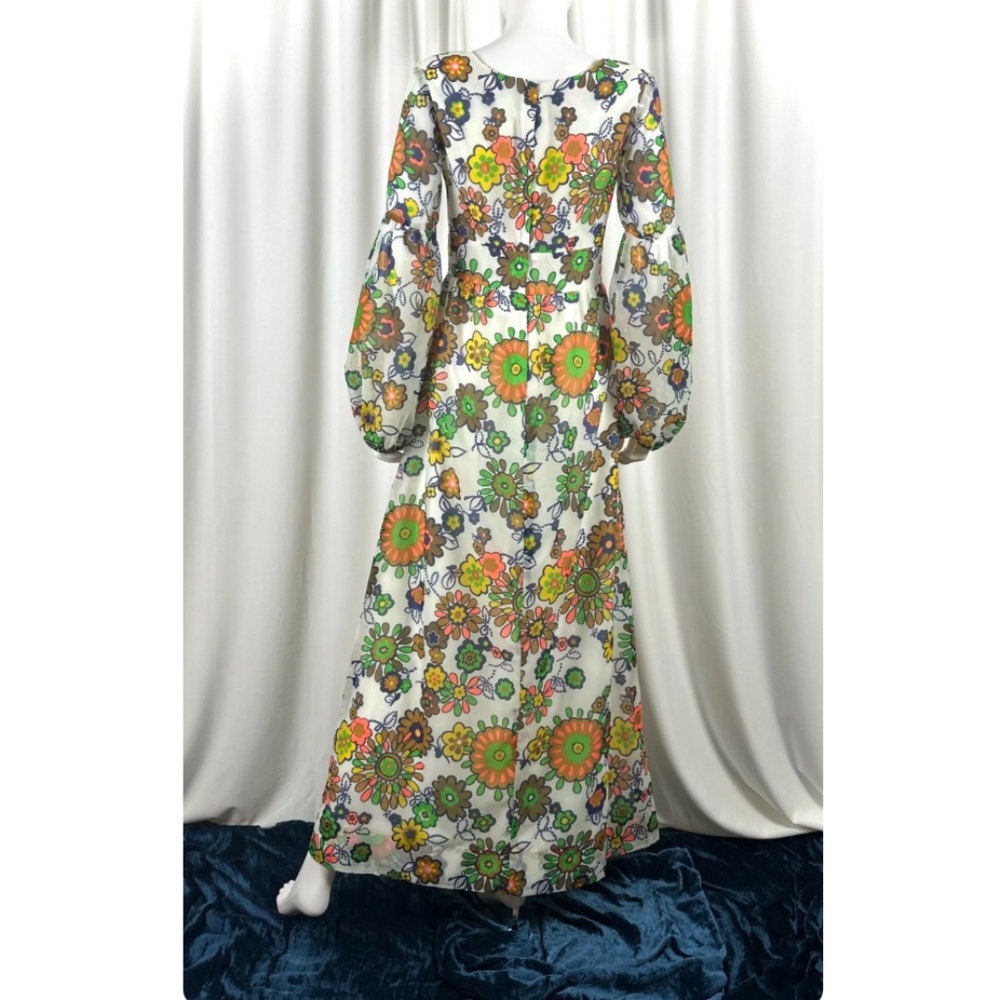 Vintage 1960’s Floral Printed Chiffon Maxi Dress - Peasant Sleeve Gown - Small - Picture 9 of 10